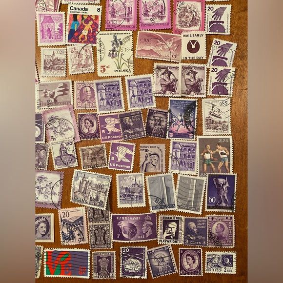 Vintage international & USA Postal Stamps - over 100 postmarked. Pink/Purple#1 - Picture 5 of 7